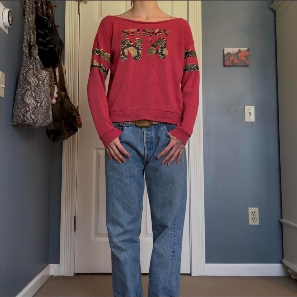 Red Stussy Crewneck Sweatshirt with Snakskin Logo